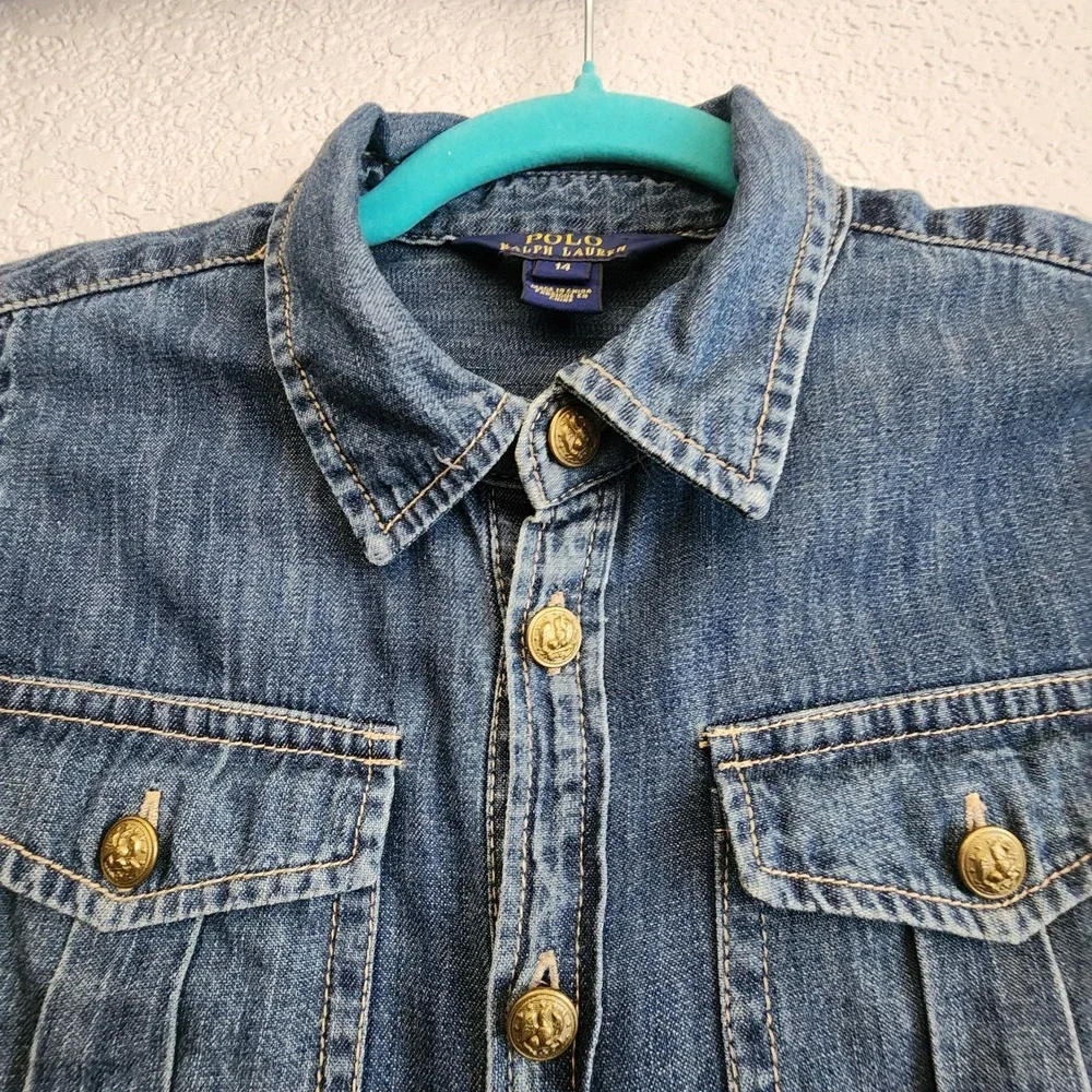 Polo Ralph Lauren Girls Denim Shirt Dress Sz 14 Button Front Long Sleeve Western